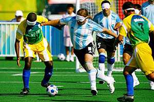 A paralympic football tournament between Brazil and Argentina.