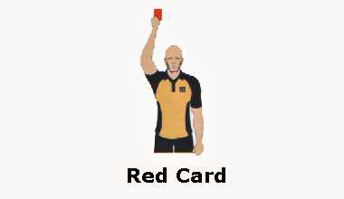 Referee holds red card above the head, to the player being sent off.